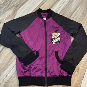 Ed Hardy Satin Embroidered Bomber True Love Rhinestone Jacket Medium Y2K XS